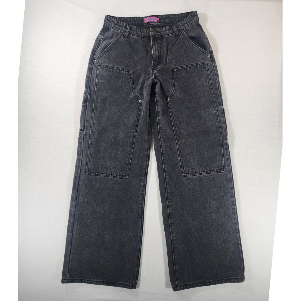 Edikted Carpenter Jeans Women S Black Acid Wash Double Knee Wide Leg Pants Baggy